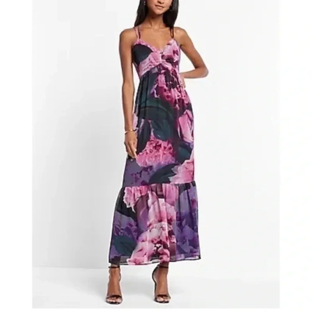 ExpressFloral Print V-neck Strappy Tiered
Ruffle Maxi Dress |